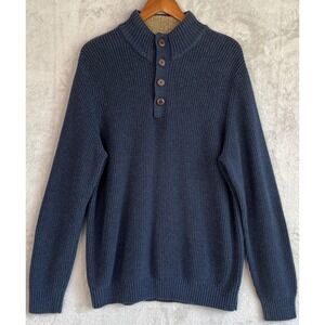 Men's Quarter Button Pullover Sweater XL Bass Navy Blue Henley 3-Button Heather